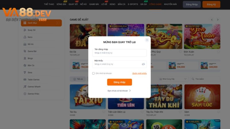 Nhập thông tin đã đăng ký VA88 trước đó