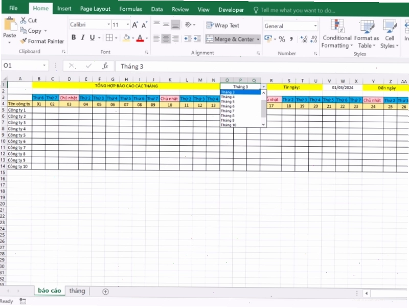 Bảng chấm công Excel với định dạng có điều kiện làm nổi bật các trạng thái khác nhau