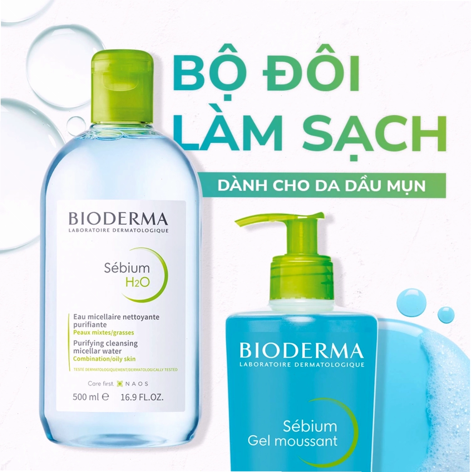Bộ đôi làm sạch Bioderma phù hợp cho da mụn viêm