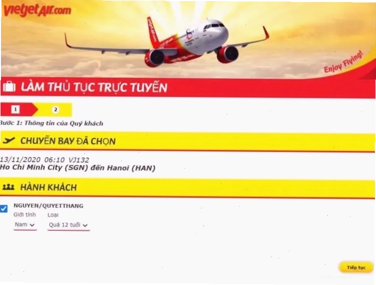 Chọn chuyến bay và tên hành khách để hoàn tất check in online Vietjet
