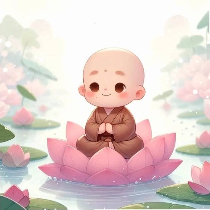 Chú tiểu chibi chắp tay trong tư thế thiền định