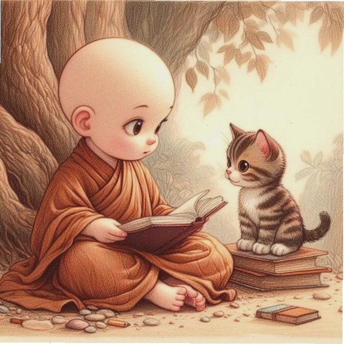 Chú tiểu chibi trong trang phục Thiếu Lâm với tư thế thiền