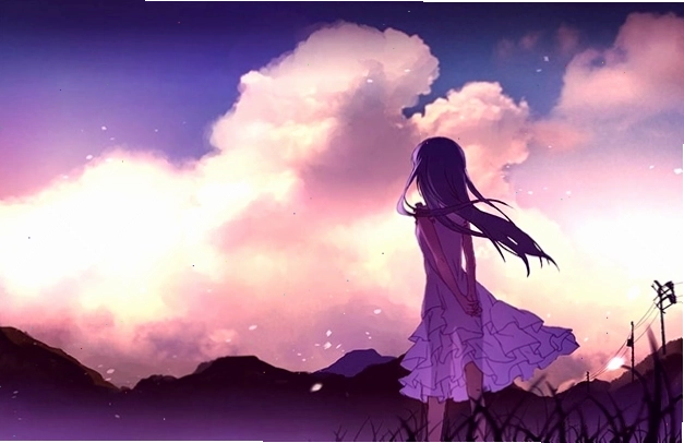 Cô gái anime với đôi mắt buồn trong khung cảnh hoàng hôn