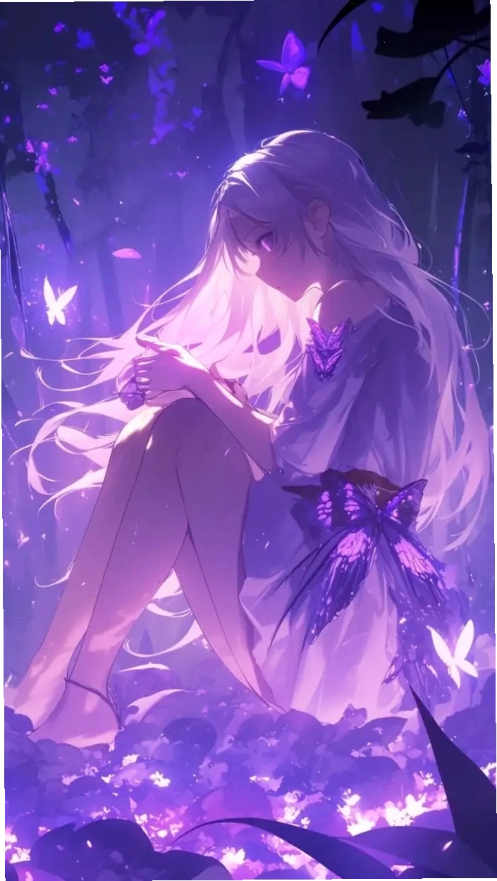 Cô gái anime với mái tóc tím dài thướt tha