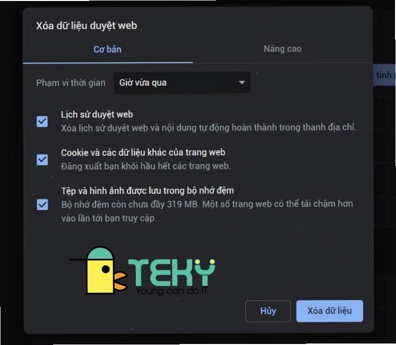 Cửa sổ Xóa dữ liệu duyệt trên Microsoft Edge