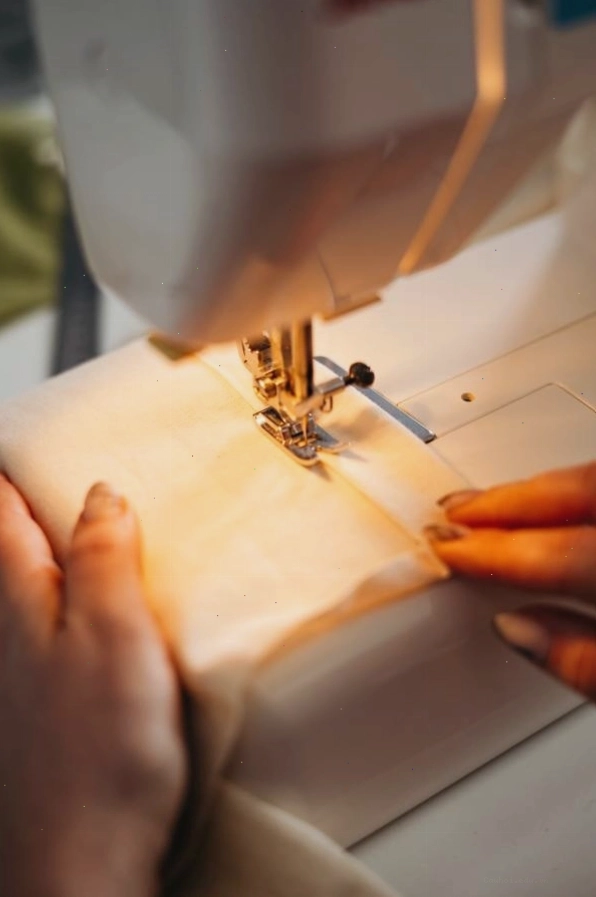 Đang may vải bằng máy may điện, tập trung vào thao tác của người dùng