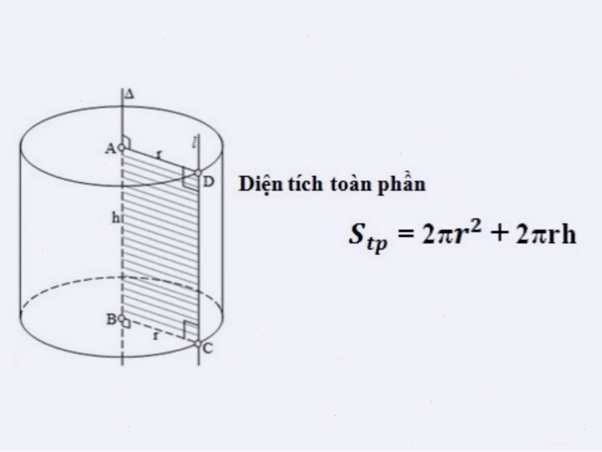 Diện tích toàn phần hình trụ bao gồm diện tích xung quanh và hai mặt đáy