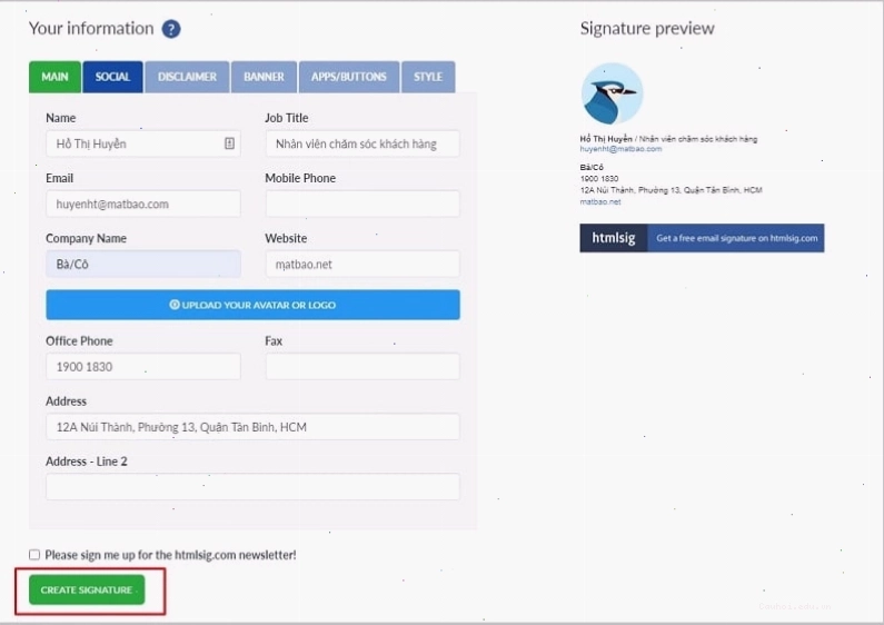 Giao diện tạo chữ ký email trên HTMLSIG