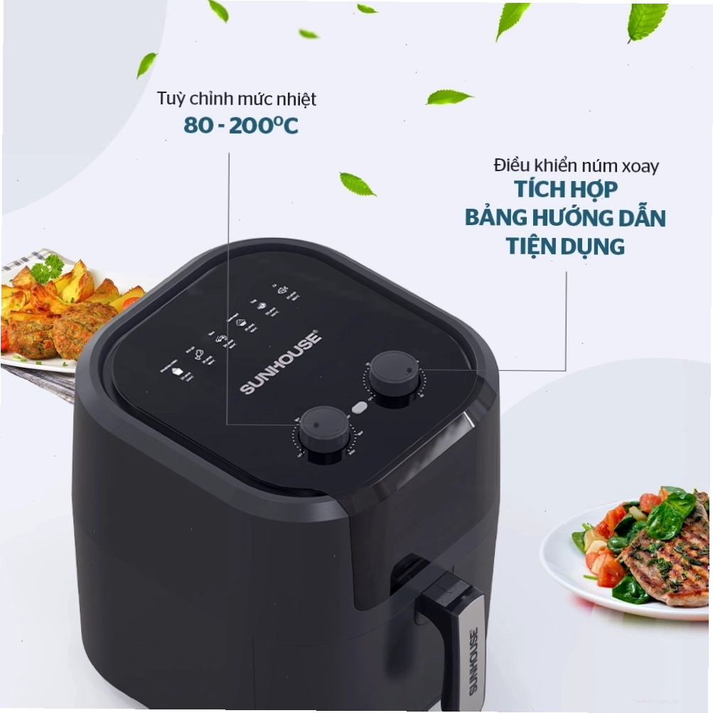 Hai núm xoay để điều chỉnh nhiệt độ và thời gian trên nồi chiên không dầu SUNHOUSE SHD4036