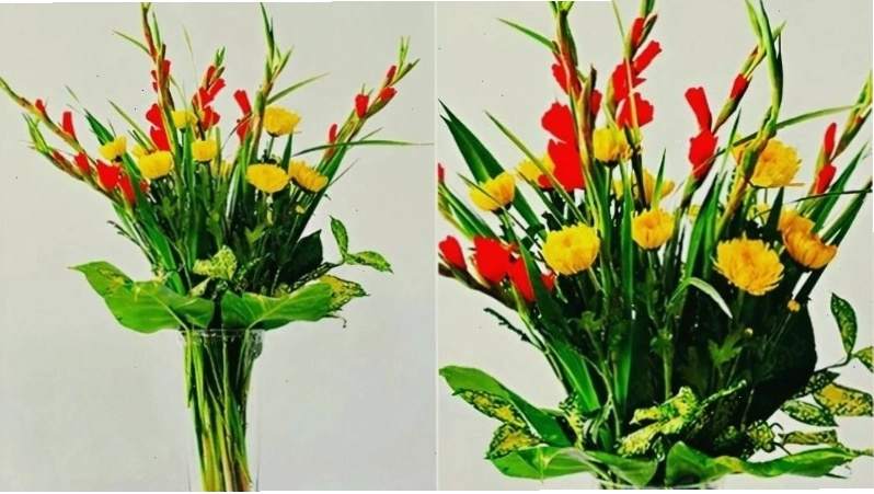 Hoa cúc vàng kết hợp với hoa huệ đỏ trên bàn thờ