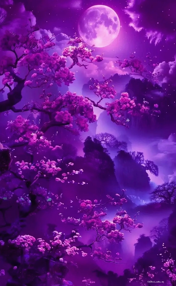 Khung cảnh anime huyền bí dưới ánh trăng tím