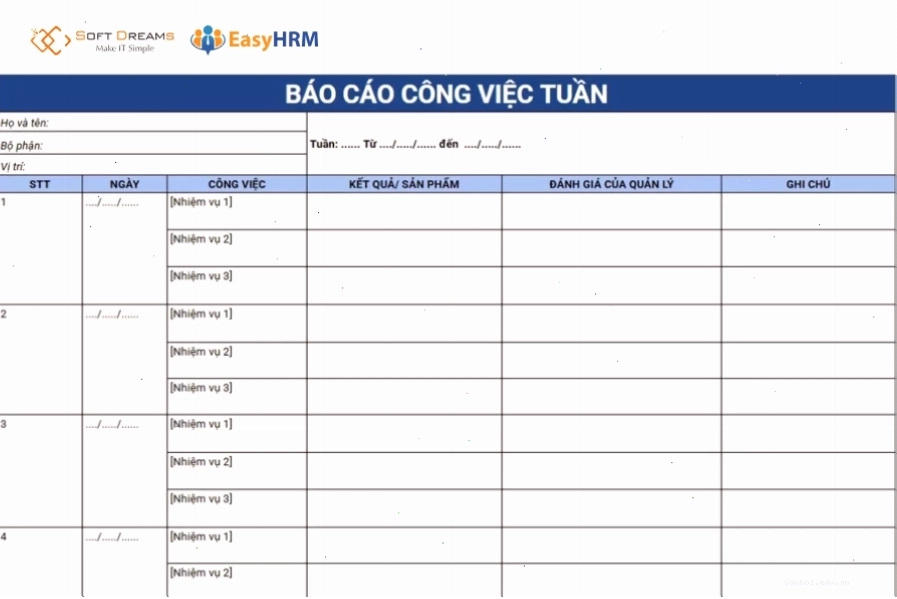 Mẫu báo cáo công việc theo tuần dạng bảng theo dõi tiến độ
