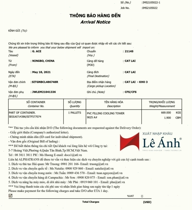 Mẫu giấy báo hàng đến Arrival Notice chi tiết