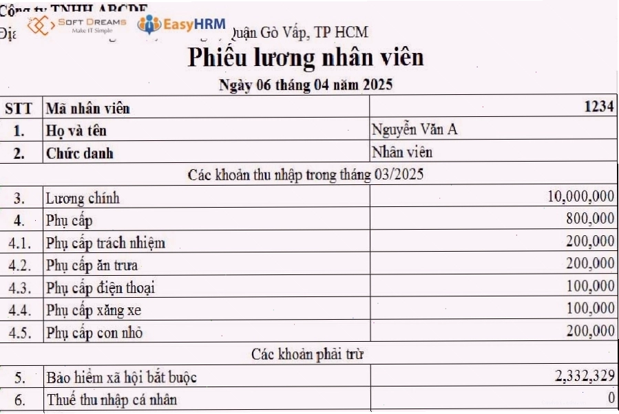 Mẫu phiếu lương cho từng nhân viên bằng Excel