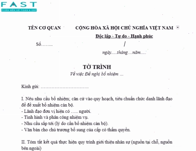 Mẫu tờ trình bổ nhiệm cán bộ quản lý cấp cao