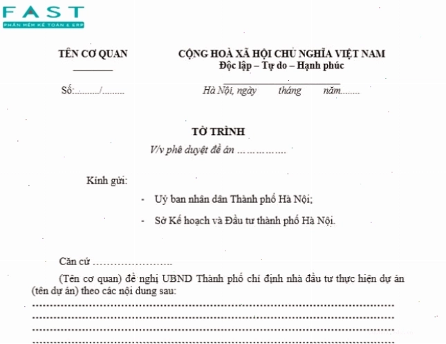 Mẫu tờ trình xin phê duyệt đề án chi tiết