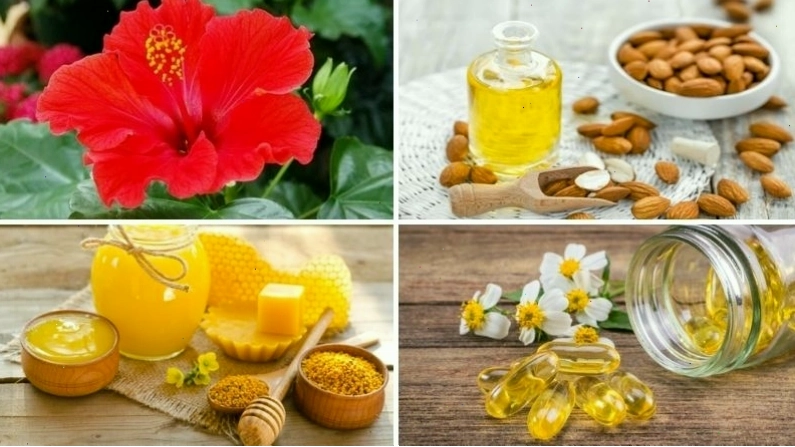 Nguyên liệu làm son bằng hoa dâm bụt: hoa dâm bụt, dầu hạnh nhân, sáp ong và vitamin E