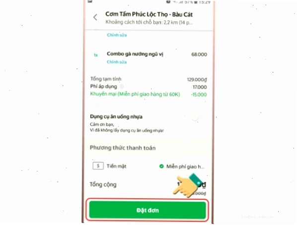 Nhấn Đặt đơn trên ứng dụng GrabFood