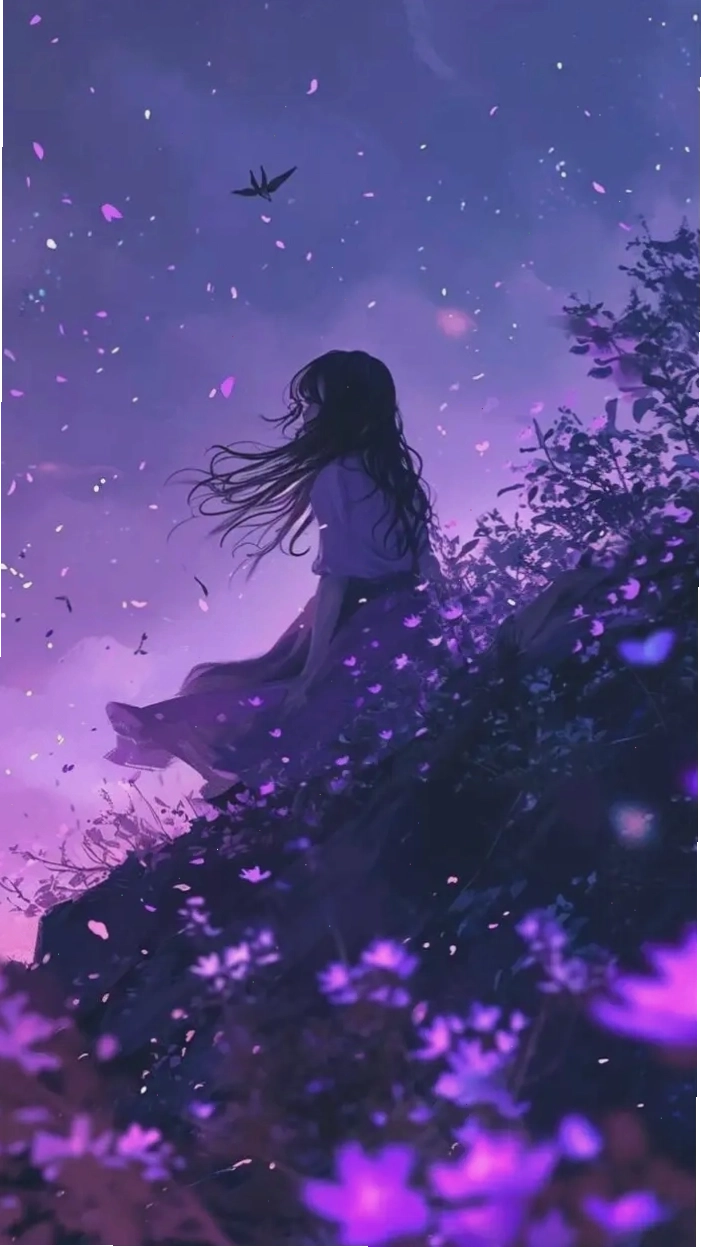 Nhân vật anime với tâm trạng buồn trong gam màu tím