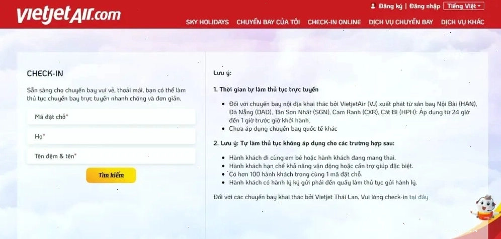 Nhập mã đặt chỗ và tên hành khách để check in online Vietjet