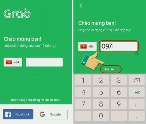 Nhập số điện thoại cá nhân và nhấn Tiếp tục để đăng ký tài khoản Grab