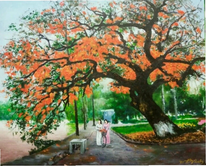 Những cô gái mặc áo dài Việt Nam duyên dáng trong một khung cảnh thanh bình