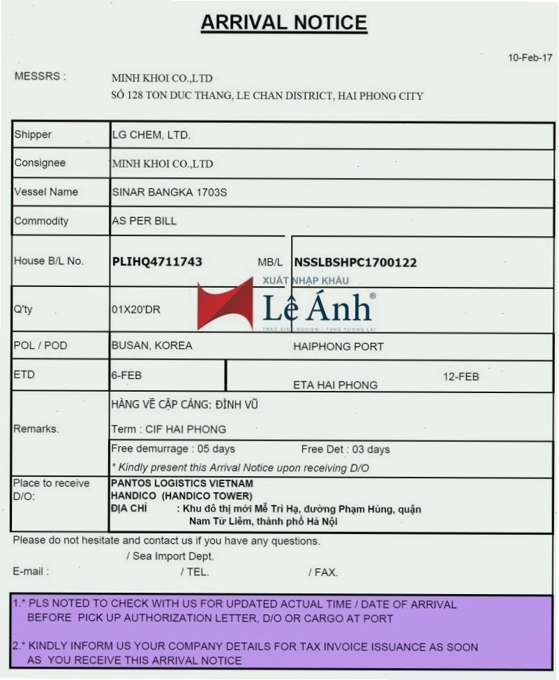 Quy trình xử lý giấy báo hàng đến Arrival Notice