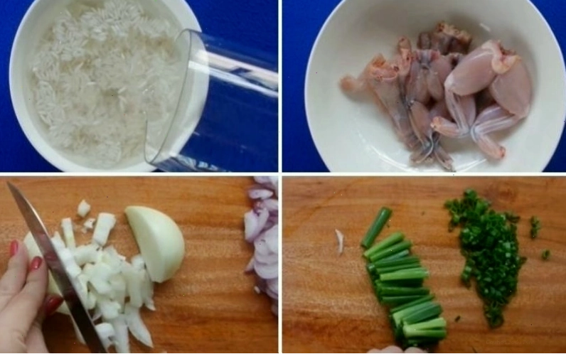 Sơ chế nguyên liệu như gạo, thịt ếch và các loại hành