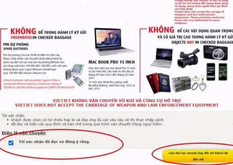 Tích chọn xác nhận điều khoản để hoàn tất check in online Vietjet