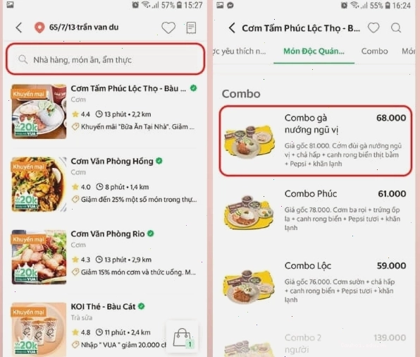 Tìm món ăn hoặc thức uống muốn đặt trên GrabFood