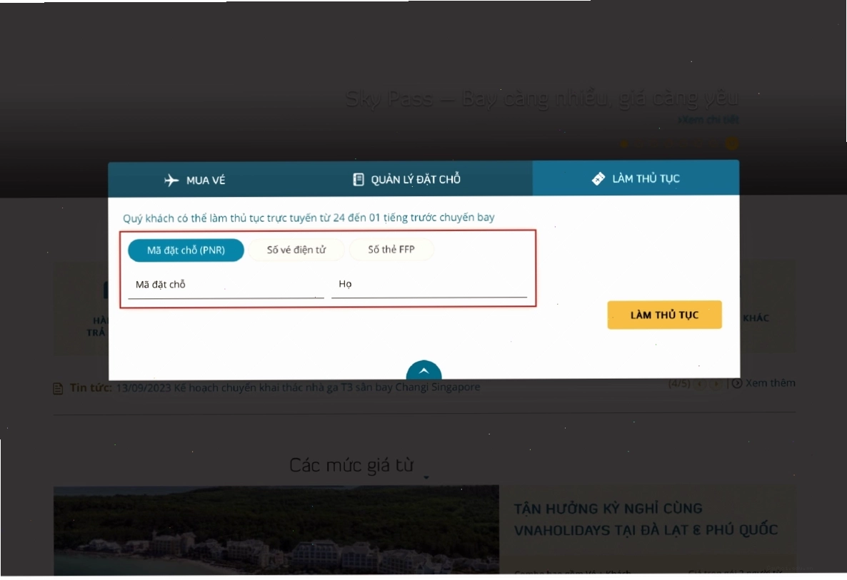Trang chủ Vietnam Airlines với mục làm thủ tục