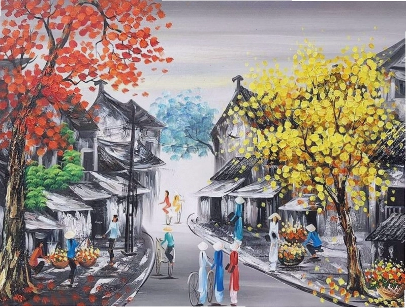 Tranh khắc họa các thiếu nữ áo dài dạo bước trong không gian phố cổ