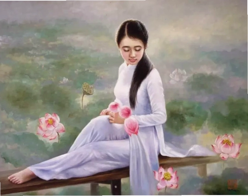 Tranh lụa cô gái áo dài trắng ngồi giữa hồ sen thanh tịnh, biểu trưng cho sự thanh cao