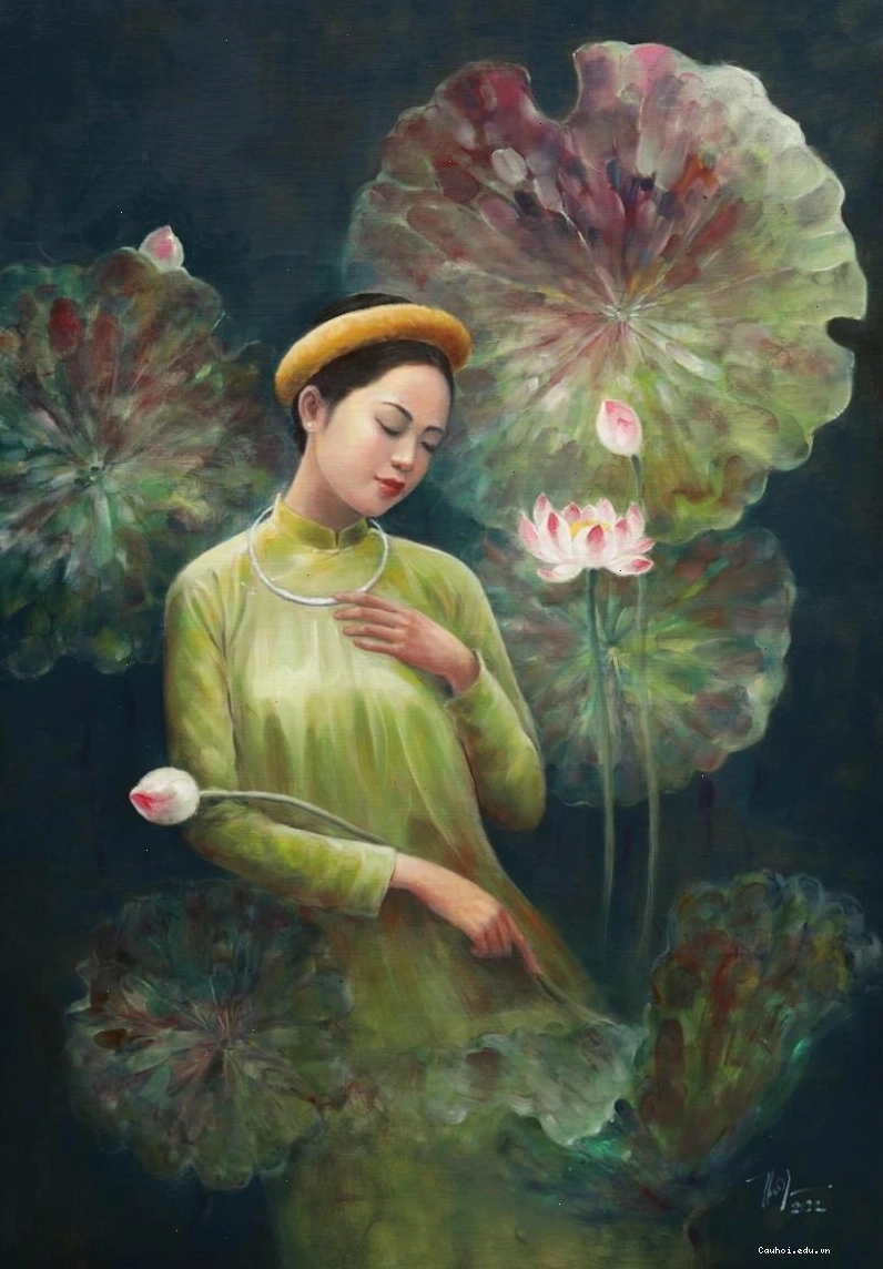 Tranh sơn dầu cô gái áo dài vàng và sen trắng với ánh sáng dịu nhẹ