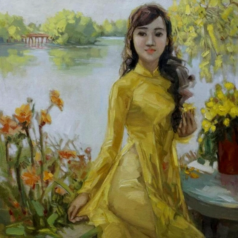 Tranh thể hiện vẻ đẹp thiếu nữ áo dài, tạo khung cảnh hoài niệm và hiện đại