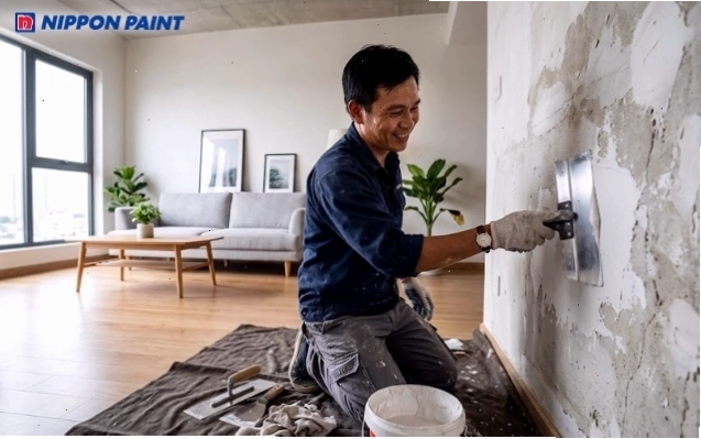 Trét bả tường giúp che lấp những khuyết điểm gồ ghề của bề mặt cũ