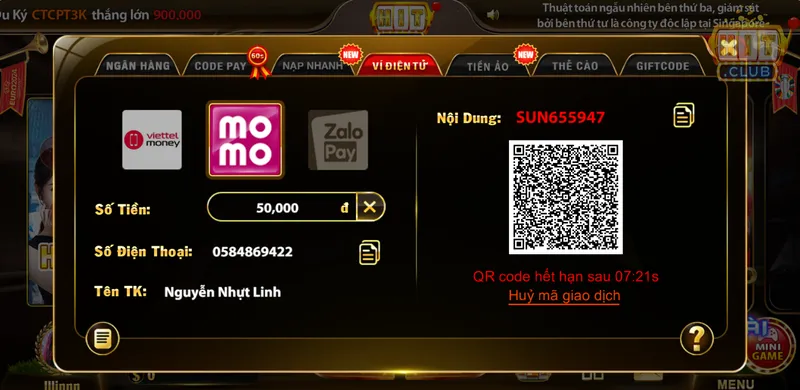 Hiện tại, HitClub hỗ trợ nạp tiền qua ba ví điện tử chính là Momo, Zalo Pay và Viettel Pay.