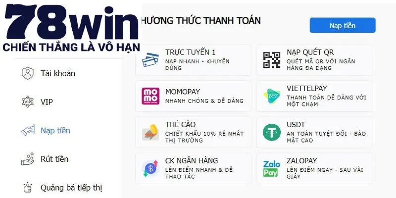 Phương thức nạp tiền 78win